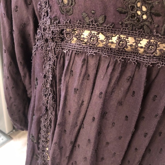 Free People Large Plum Keyhole Front Embroidered Women's Top Puff Sleeves L/S - Picture 3 of 5